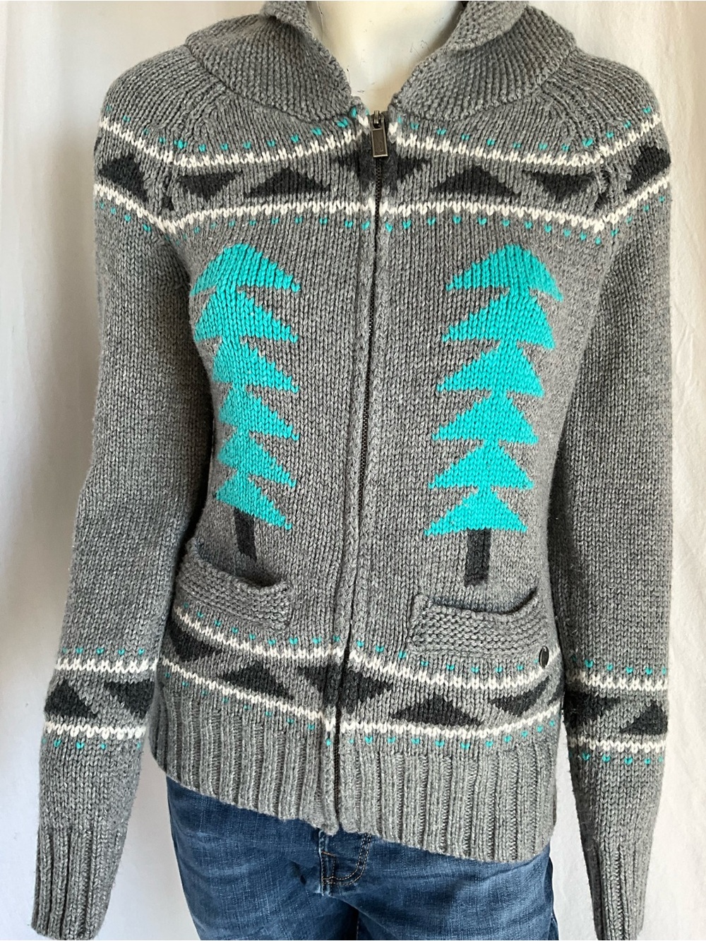 Kismet Grey Wool Blend Turquoise Pine Tree Full Zip Cardigan S